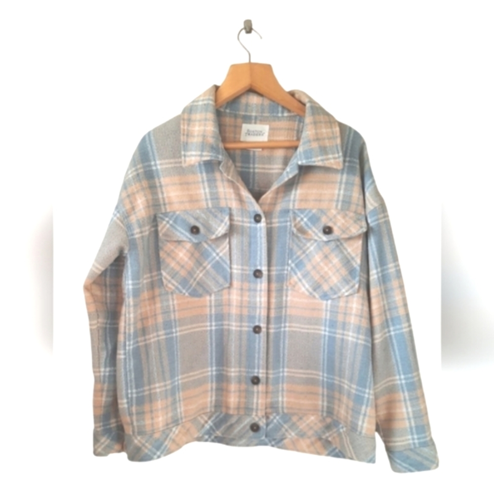 Boston Traders Shacket Plaid Tan Baby Blue